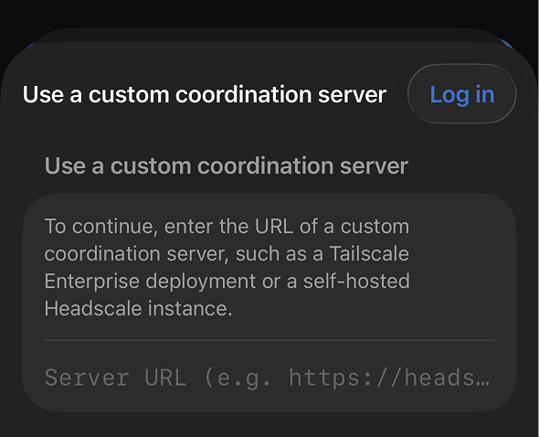Coordination server selection option in Tailscale's iOS app